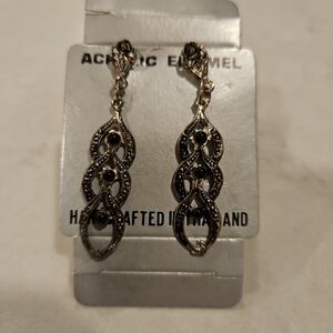 Vintage Silver Tone & Black Enamel And Acrylic Dangle Earrings